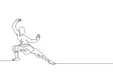 Genç şaolin rahiplerinin sürekli çizdiği bir çizim tapınak zemininde kung fu tekniği uyguluyor. Geleneksel Çin dövüş sporları konsepti. Dinamik tek çizgi tasarım grafik vektör çizimi
