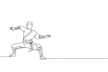 Genç şaolin rahiplerinin sürekli çizdiği bir çizim tapınak zemininde kung fu tekniği uyguluyor. Geleneksel Çin dövüş sporları konsepti. Dinamik tek çizgi tasarım vektörü grafik çizimi