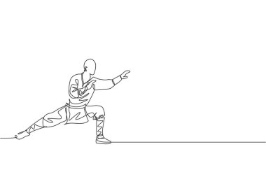 Genç şaolin rahiplerinin sürekli çizdiği bir çizim tapınak zemininde kung fu tekniği uyguluyor. Geleneksel Çin dövüş sporları konsepti. Dinamik tek çizgi tasarım grafik vektör çizimi