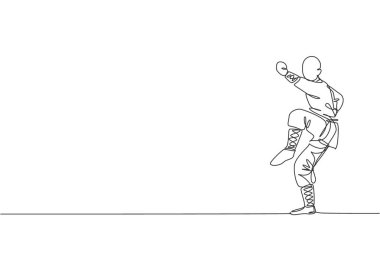 Şaolin tapınağında dövüş sanatlarını eğiten genç, kaslı, şaolin keşişi çiziyor. Geleneksel Çin Kung Fu dövüş konsepti. Bir satır grafiksel tasarım vektörü çizimi