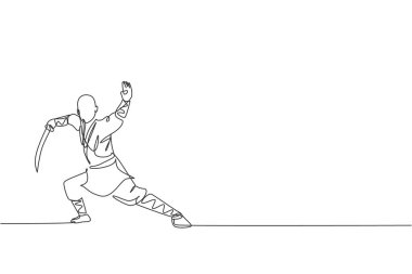 Genç ve enerjik bir Shaolin keşişinin çizdiği bir çizim Tapınak vektör ilüstrasyonunda kılıçla dövüşen kung fu egzersizi yapıyor. Antik dövüş sporları konsepti. Modern sürekli çizgi çizimi tasarımı
