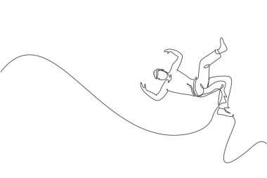 Brezilya capoeira dansı yapan genç sporcu adamın tek sıra çizimi. Açık havada. Kültür dövüş sanatı ve spor konsepti. Bir satır çizimi tasarım vektörü illüstrasyonu