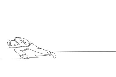 Genç ve sportif Brezilyalı dövüşçüyü sahilde capoeira antrenmanına çeken bir çizgi. Sağlıklı geleneksel dövüş sporu konsepti. Dinamik tek çizgi grafik tasarım vektörü illüstrasyonu