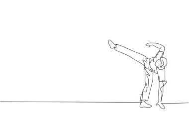 Capoeira 'nın sürekli çizdiği bir çizgi genç sporcu Brezilyalı savaşçı Capoeira' yı sahilde eğitiyor. Sağlıklı geleneksel dövüş sporu konsepti. Dinamik tek çizgi çizimi tasarım vektörü illüstrasyonu