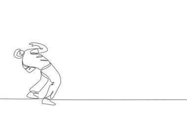 Brezilya capoeira dansı yapan genç sporcu adamın tek sıra çizimi. Açık havada. Kültür dövüş sanatı ve spor konsepti. Bir satır çizimi tasarım vektörü illüstrasyonu