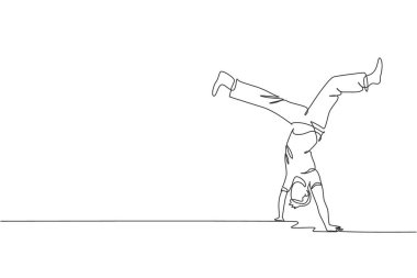 Brezilya capoeira dansı yapan genç sporcu adamın tek sıra çizimi. Açık havada. Kültür dövüş sanatı ve spor konsepti. Bir satır çizimi tasarım vektörü illüstrasyonu