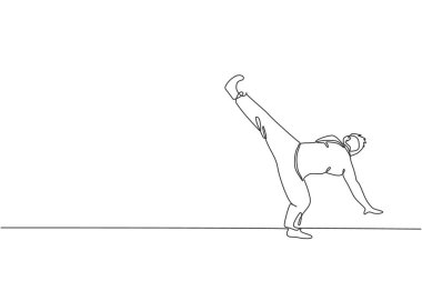 Genç enerjik erkek capoeira dansçısının dans dövüş grafik çizimi. Geleneksel dövüş sanatları yaşam tarzı spor konsepti. Modern sürekli çizgi çizimi tasarımı