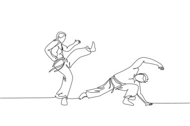 Brezilya capoeira dansı yapan iki genç sporcunun sürekli çizdiği tek çizgi. Kültür dövüş sporları konsepti. Bir satır çizimi tasarım vektörü illüstrasyonu