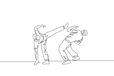 Brezilya capoeira dansı yapan iki genç sporcunun sürekli çizdiği tek çizgi. Kültür dövüş sporları konsepti. Bir satır çizimi tasarım vektörü illüstrasyonu