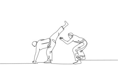 Sahilde capoeira antrenmanı yapan iki genç Brezilyalı sporcunun sürekli çizdiği bir çizgi. Sağlıklı geleneksel dövüş sporu konsepti. Dinamik tek çizgi çizimi tasarım vektörü illüstrasyonu
