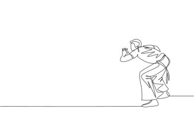 Brezilya capoeira dansı yapan genç sporcu adamın tek sıra çizimi. Açık havada. Kültür dövüş sanatı ve spor konsepti. Bir satır çizimi tasarım vektörü illüstrasyonu