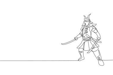 Festivalde kılıç tutan geleneksel üniforma giyen genç ve güçlü samurayların tek sıra çizimi. Eski savaşçı asker kavramı. Bir satır çizimi tasarım vektörü illüstrasyonu