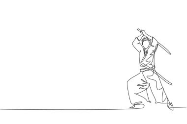 Katana kılıcını tutan genç Japon samuray savaşçısının tek bir çizgisi dojo merkezi vektör çiziminde pratik yapıyor. Savaşçı dövüş sanatı konsepti. Modern sürekli çizgi çizimi tasarımı