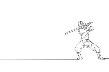 Siyah kostümlü ve saldırı pozisyonunda genç cesur Japon ninja karakterinin durmaksızın çizdiği bir çizgi. Dövüş sanatları kavramı. Dinamik tek çizgi tasarım vektörü grafik çizimi