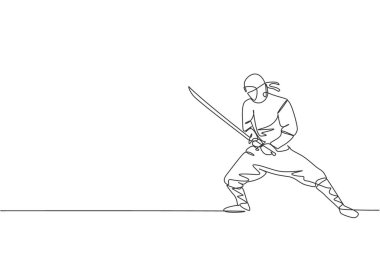 Saldırıda samuray kılıcı tutan genç ve enerjik Japon ninjaların çizdiği tek bir çizgi vektör çizimi. Savaşçı dövüş sporları konsepti. Modern sürekli çizgi çizimi tasarımı