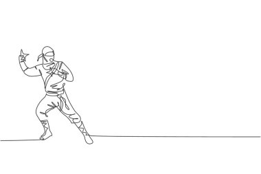 Saldırıda tutulan genç ve enerjik Japon geleneksel ninja yıldız shuriken çizimlerinden biri vektör illüstrasyonudur. Savaşçı dövüş sporları konsepti. Modern sürekli çizgi çizimi tasarımı