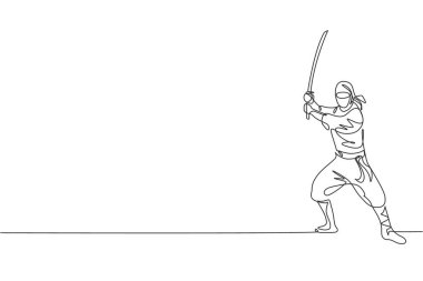 Saldırıda samuray kılıcı tutan genç ve enerjik Japon ninjaların çizdiği tek bir çizgi vektör çizimi. Savaşçı dövüş sporları konsepti. Modern sürekli çizgi çizimi tasarımı