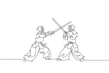 Spor salonunda Kendo dövüş sanatları eğitimi alan genç sporcuların tek sıra çizimi. Antrenman arkadaşı. Dövüş sporu konsepti. Bir satır çizimi tasarım vektörü illüstrasyonu