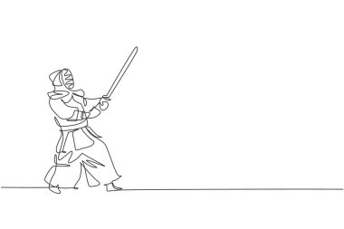 Genç ve enerjik bir adamın tek çizgi çizimi Kendo üzerinde savunma becerisi ve spor merkezi vektör illüstrasyonunda tahta kılıçla. Savaşçı dövüş sporu konsepti. Modern sürekli çizgi çizimi tasarımı