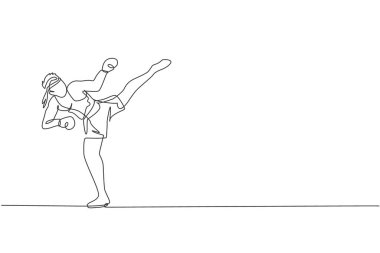 Tek sıra halinde, spor salonunda Tayland boks antrenmanı yapan genç sporcuları çekiyor. Saldırgan Muay Thai sporu konsepti. Yarışma etkinliği. Bir satır grafiksel tasarım vektörü çizimi