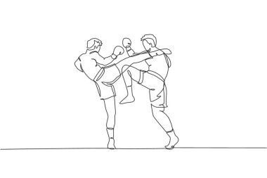 Spor salonunda Tayland boksu antrenmanı yapan iki genç adamın tek sıra çizimi. Saldırgan Muay Thai sporu konsepti. Bir satır çizimi tasarım vektörü illüstrasyonu