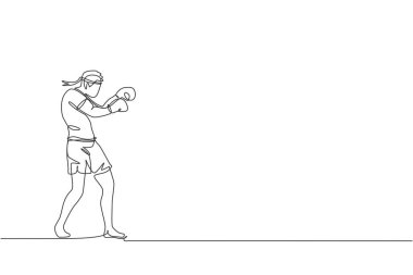 Tek sıra halinde Tayland antrenmanı yapan genç bir adam spor salonu merkezinde dövüşmeye hazırlanıyor. Saldırgan Muay Thai sporu konsepti. Yarışma etkinliği. Bir satır çizimi tasarım vektörü illüstrasyonu