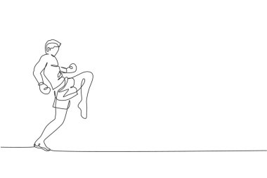 Genç sportif Muay Thai boksörünün dövüşmeye hazırlandığı bir çizgi. Boks sahasında duruş vuruşu. Dövüş sporu konsepti. Dinamik tek çizgi çizim vektör çizimi grafiği