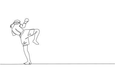 Tek sıra halinde, spor salonunda Tayland boks antrenmanı yapan genç sporcuları çekiyor. Saldırgan Muay Thai sporu konsepti. Yarışma etkinliği. Bir satır tasarım grafik vektör illüstrasyonu