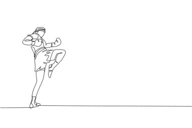 Spor salonunda Tayland boks antrenmanı yapan genç adamın tek sıra çizimi. Saldırgan Muay Thai sporu konsepti. Yarışma etkinliği. Bir satır çizimi tasarım vektörü illüstrasyonu