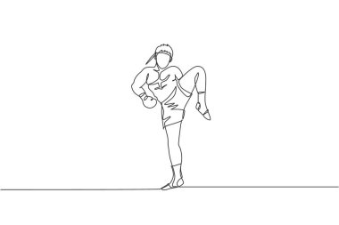 Spor salonunda Tayland boks antrenmanı yapan genç adamın tek sıra çizimi. Saldırgan Muay Thai sporu konsepti. Yarışma etkinliği. Bir satır çizimi tasarım vektörü illüstrasyonu