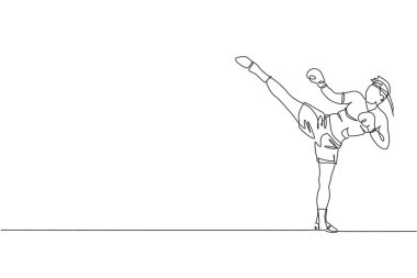 Genç ve enerjik Muay Thai dövüşçüsünün spor salonunda egzersiz yaptığı tek bir çizgi çizimi. Saldırgan Tayland boks sporu konsepti. Modern sürekli çizgi çizimi tasarımı