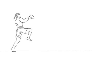 Genç sportif Muay Thai boksörünün dövüşmeye hazırlandığı bir çizgi. Boks sahasında duruş vuruşu. Dövüş sporu konsepti. Dinamik tek çizgi tasarım grafik vektör çizimi
