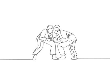 Single continuous line drawing of two young sportive judoka fighter men practice judo skill at dojo gym center. Fighting jujitsu, aikido sport concept. Trendy one line draw design vector illustration clipart