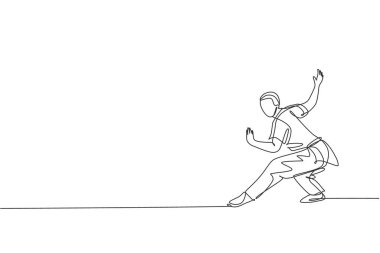 Tek sıra halinde genç Wushu dövüşçüsü, kung fu ustası üniforma antrenman pozisyonunda dojo merkezinde poz veriyor. Dövüş yarışması konsepti. Moda bir çizgi tasarım vektörü grafik çizimi