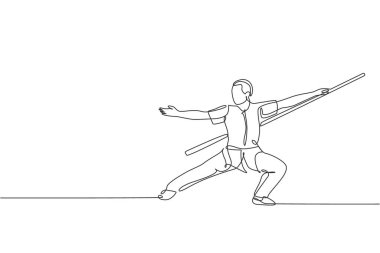 Genç Wushu dövüşçüsü, kung fu ustası, dövüş okulunda uzun süre eğitim görmüş. Dövüş yarışması konsepti. Bir satır çizimi tasarım vektörü illüstrasyonu