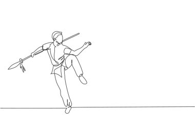 Kimono kullanan genç adamın Wushu dövüş sanatı üzerine yaptığı tek bir çizim. Spor salonu vektör illüstrasyonunda mızraklı kung fu tekniği. Dövüş sporu konsepti. Modern sürekli çizgi çizimi tasarımı