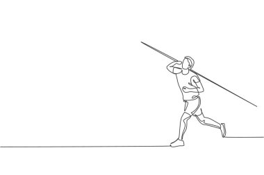 Genç sporcunun sahaya mızrak atmadan önce konsantre olmak için sürekli çizdiği bir çizgi. Atletik oyunlar. Olimpiyat sporu konsepti. Dinamik tek çizgi çizimi tasarım vektörü illüstrasyonu