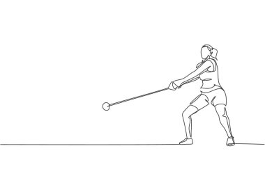 Sahaya ağır çekiç atmadan önce odaklanmak için genç sporcu kadın egzersizlerinin kesintisiz bir çizgisi. Atletik oyunlar. Olimpiyat sporu konsepti. Dinamik tek çizgi çizimi tasarım vektörü illüstrasyonu