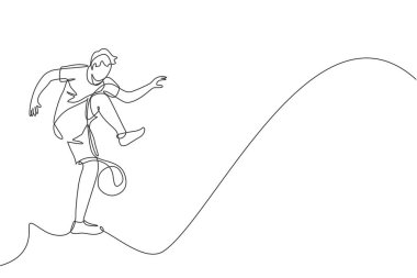 Genç sporcu futbolcu serbest oyuncunun sokakta top oynadığı kesintisiz bir çizgi. Futbol serbest spor konsepti. Dinamik tek çizgi tasarım grafik vektör çizimi