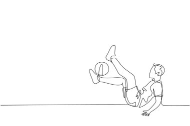 Genç mutlu bir adamın çizdiği tek bir çizim şehrin kare vektör illüstrasyonunda kaval kemiğiyle futbol serbest stili jonglörlüğü yapıyor. Futbol serbest sporu konsepti. Modern sürekli çizgi çizimi tasarımı