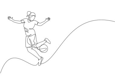 Tek bir çizgi, genç mutlu bir kadının şehir kare vektör illüstrasyon grafiğinde top hokkabazlığı yaparak futbol serbest stili oynamasını sağlıyor. Futbol serbest sporu konsepti. Modern sürekli çizgi çizimi tasarımı