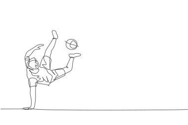 Genç sporcu adamın serbest stil antrenman yaptığı, sahadaki ayak tabanlarıyla hokkabazlık yaptığı tek sıra çizimi. Futbol serbest stil kavramı. Bir satır çizimi tasarım vektörü illüstrasyonu