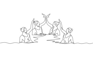 Genç spor kadınlarının tek sıra halinde senkronize yüzme koreografisi. Grup su sporları yarışması konsepti. Bir satır çizimi tasarım vektörü illüstrasyonu