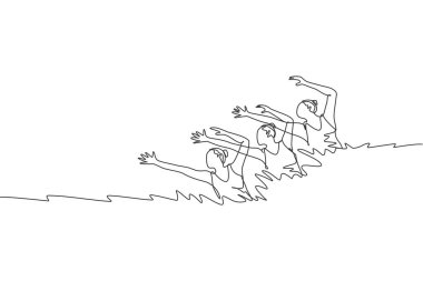 Senkronize yüzücü genç sporcu kadınların sürekli çizdiği bir çizgi su havuzunda güzellik hareketi yapıyor. Sağlıklı spor konsepti. Dinamik tek çizgi çizimi tasarım vektörü illüstrasyonu