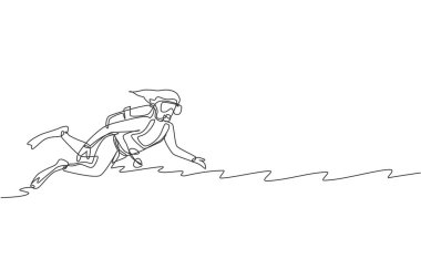 Genç sportif kadının balık yaşamını ve diğer deniz canlılarını keşfetmek için derin denizde yüzdüğü kesintisiz bir çizgi. Tüplü dalış sporu konsepti. Dinamik tek çizgi çizimi tasarım vektörü illüstrasyonu