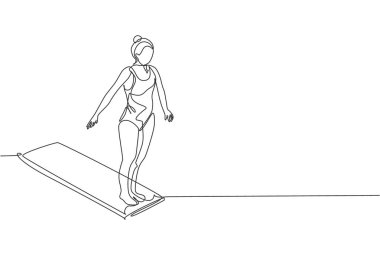Dalış tahtasında havuza atlamaya hazır genç ve sportif bir kadının durmaksızın çizdiği tek çizgi. Yarışma etkinliği. Güzellik dalışı spor konsepti. Bir satır çizimi tasarım vektörü illüstrasyonu
