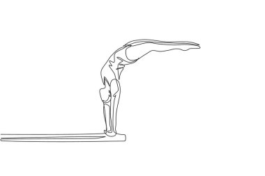 Genç ve enerjik bir kadının tek çizgi çizimi havuz vektör illüstrasyonuna atlamaya hazır bir şekilde el ele dalış tahtasında duruyor. Sağlıklı yaşam tarzı spor konsepti. Modern sürekli çizgi çizimi tasarımı