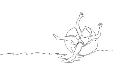 Spor merkezinde yüzen yüzen yüzen yüzme halkası çizen mutlu bir çocuk. Yaz tatili ve tatil konsepti. Dinamik tek çizgi grafik tasarım vektörü grafik çizimi