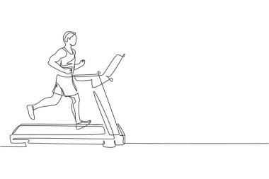 Spor salonu klüp merkezinde koşu bandıyla koşan genç sporcuların sürekli çizdiği çizgiler. Spor esneme konsepti. Bir satır çizimi tasarım vektörü illüstrasyonu