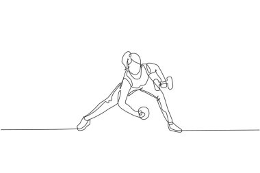 Spor salonu fitness merkezi vektör ilüstrasyonunda halterleri kaldıran enerjik kadın egzersizlerinin tek bir çizimi. Sağlıklı yaşam tarzı spor konsepti. Modern sürekli çizgi çizimi tasarımı